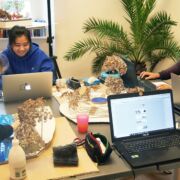 Two students sitting and one student standing around a table working on designing a landscape architecture model.