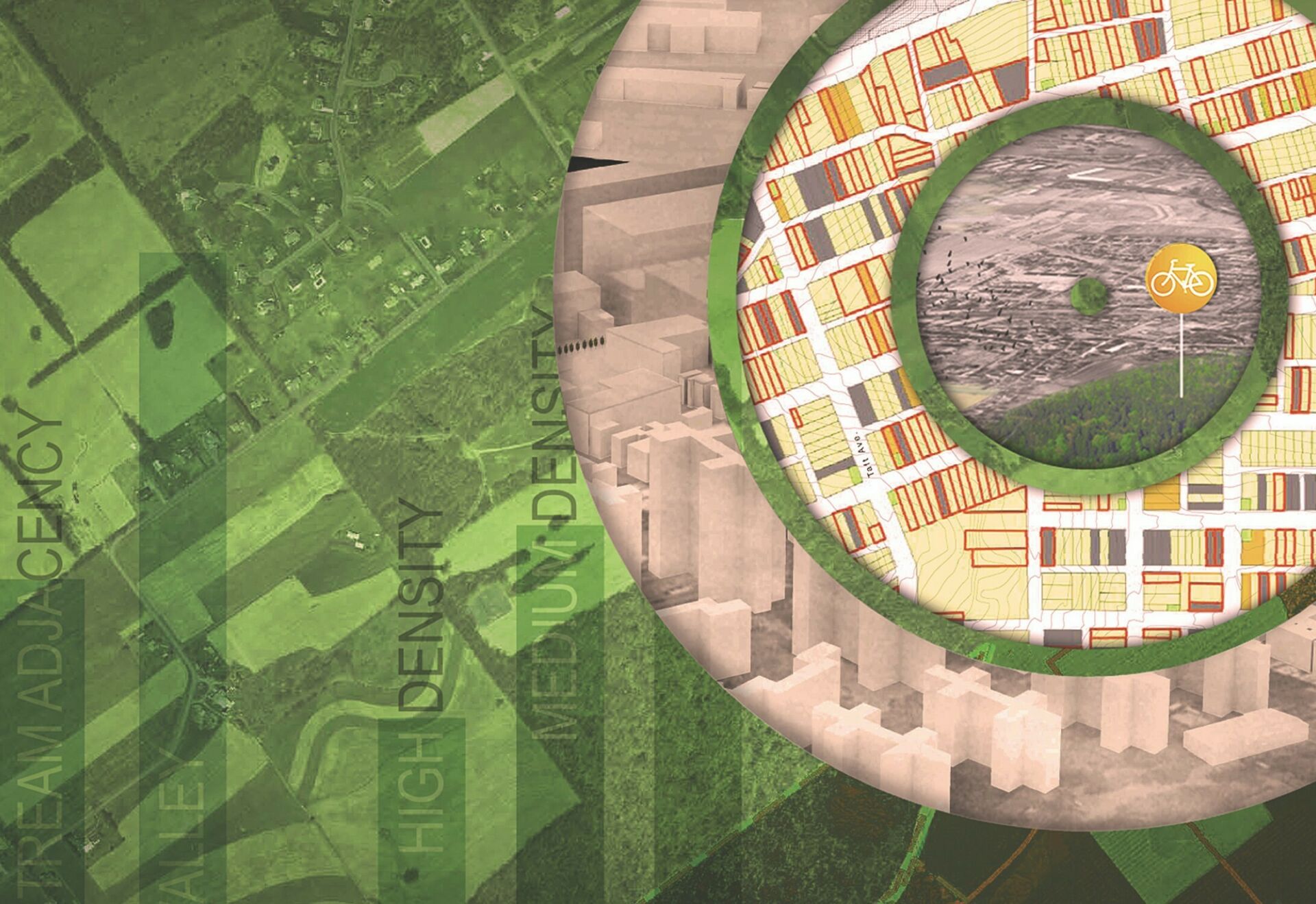 Collage image of base map with geodesign data overlays indicating land type, use, structure, and density information.