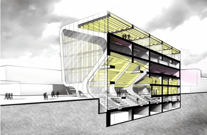 Section cut rendering of a building with yellowish interior and purple accents. Grey sky surrounding. Arch 534-Poerschke-McKenna-2016