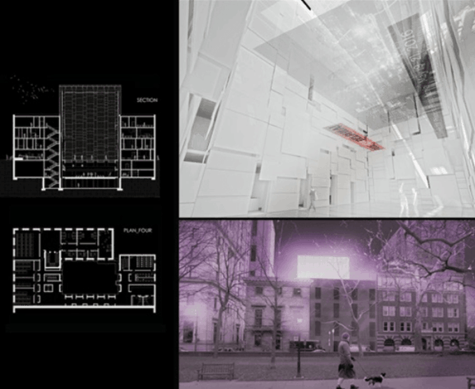 Split view of showing elevations, interior perspective and outdoor facade. Arch 533-Poerschke-Hazel