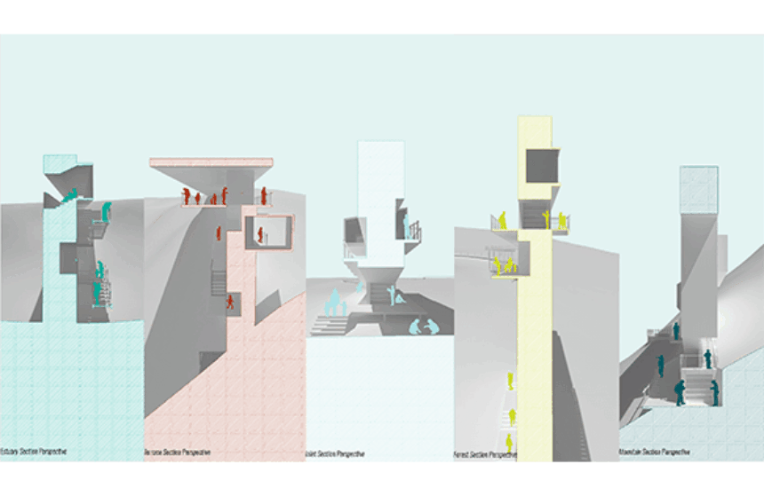 teal, pink, white, yellow and blue cross section of an architectural rendering