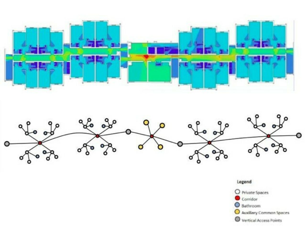 Visibility graph analysis of structure floorplan with a node analysis visualization of different space types.