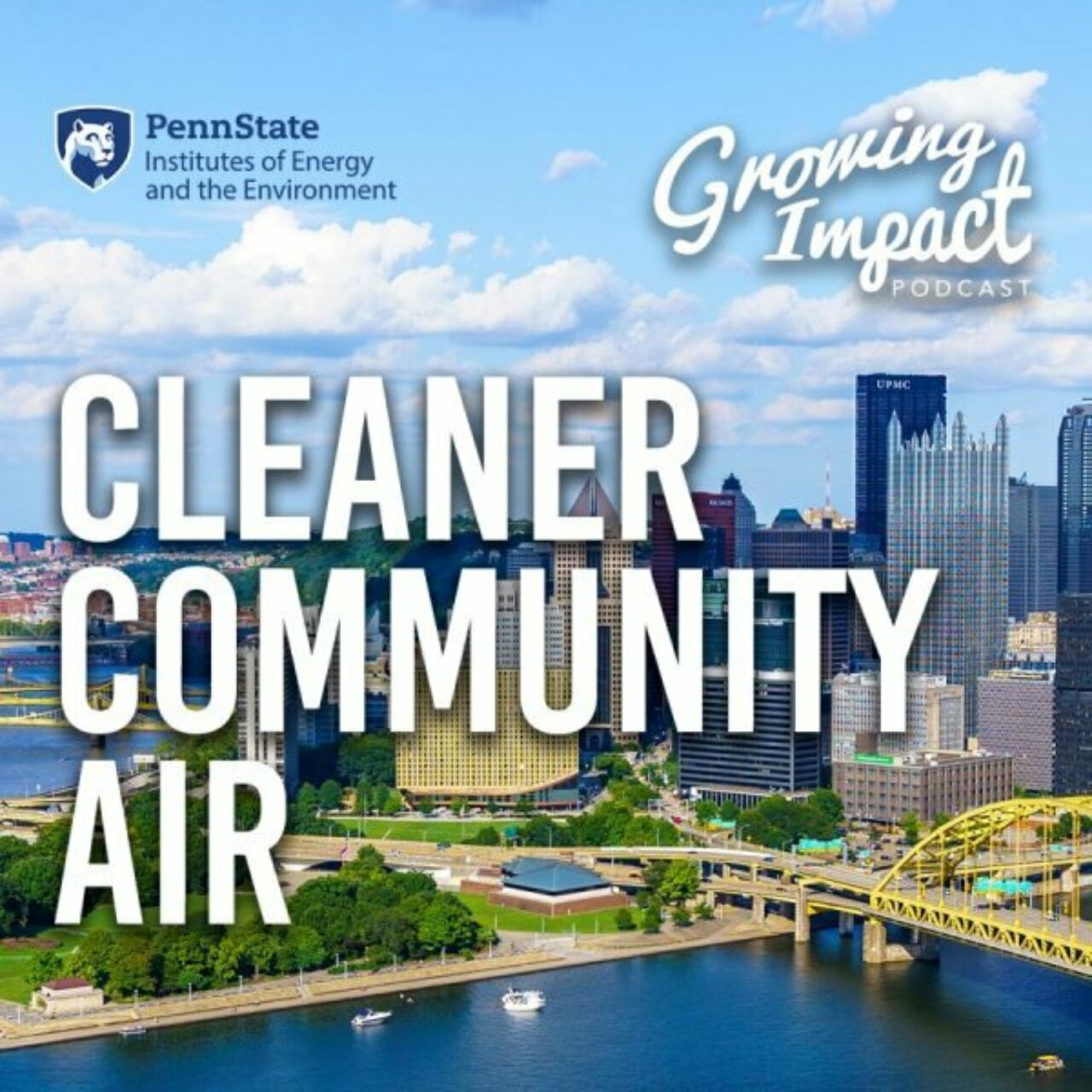 Background image shows the skyline of Pittsburgh, PA at the three rivers confluence overlaid with the text Cleaner Community Air in white, capital letters and a script font logo that reads Growing Impact