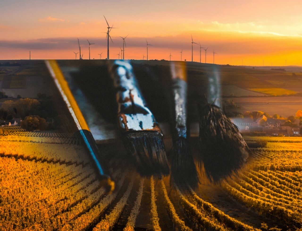 Collage of paintbrushes arrayed across Pennsylvania's rolling fields topped with wind turbines.