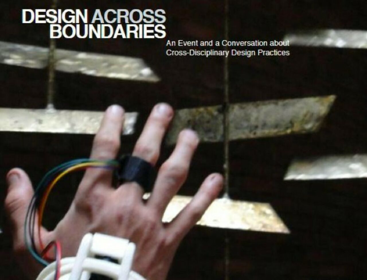 SCDC 'Design Across Boundaries" publication cover featuring a hand with computer sensors moving in front of metal plates