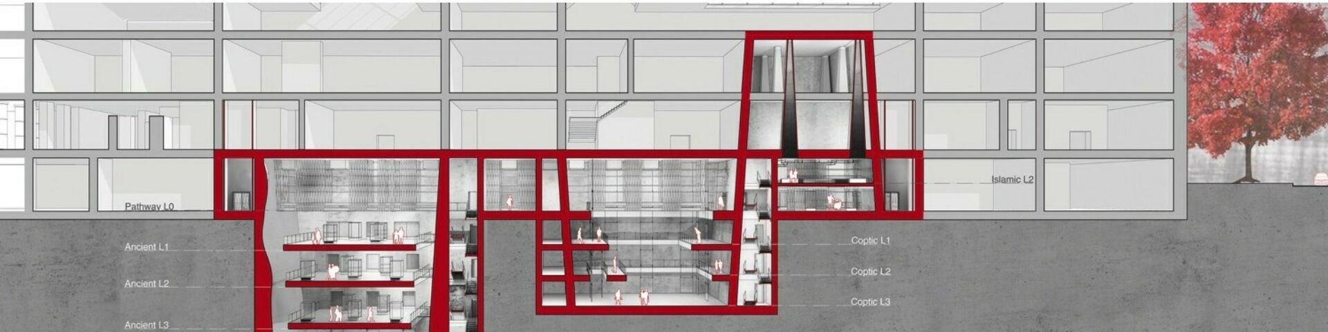 Technical line drawing of building, showing numerous internal architectural spaces.