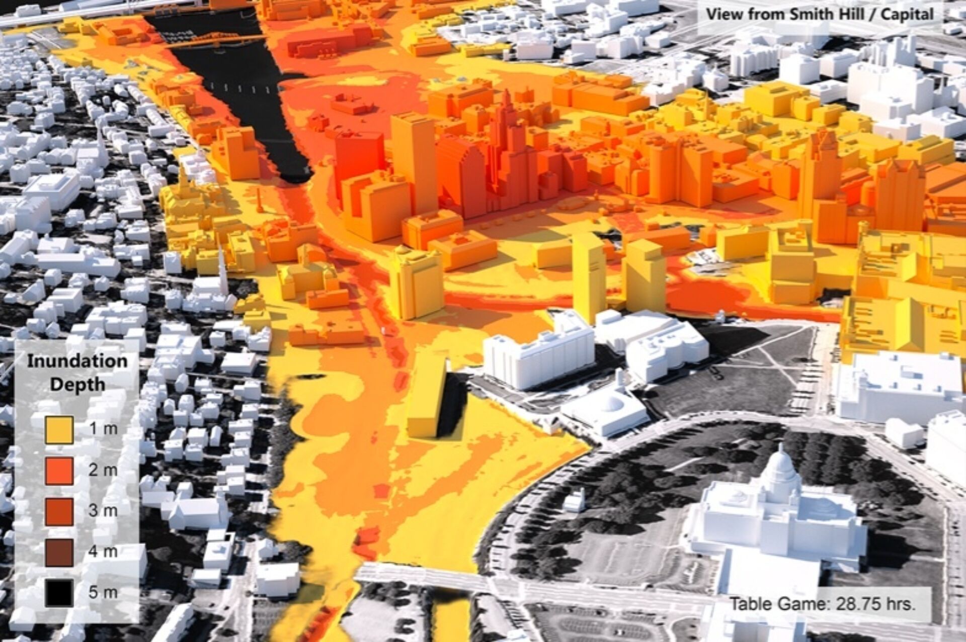 A three-dimensional visualization showing inundation depths in Providence, Rhode Island, from a hypothetical storm dubbed "Hurricane Rhody."