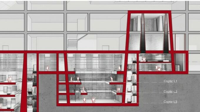 Technical line drawing of building, showing numerous internal architectural spaces.