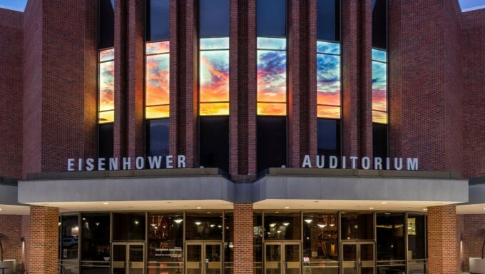 Exterior of Eisenhower Auditorium at evening