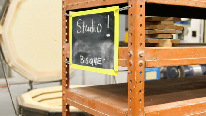 Bisque firing area in the ceramics studio space where students put their project work.