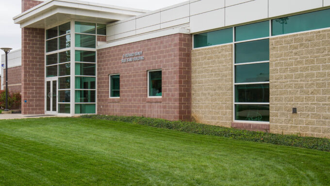 Exterior shot of the O. Richard Bundy Blue Band Building, home of the Penn State Blue Band.