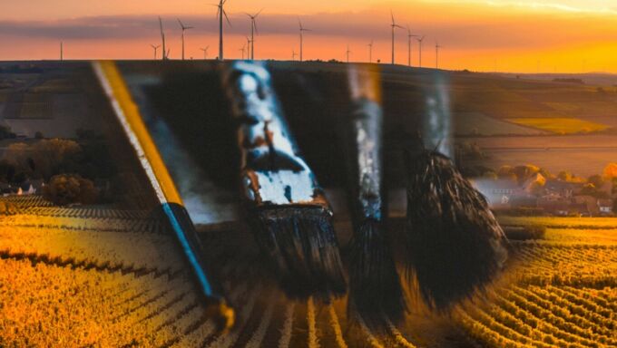 Collage of paintbrushes arrayed across Pennsylvania's rolling fields topped with wind turbines.