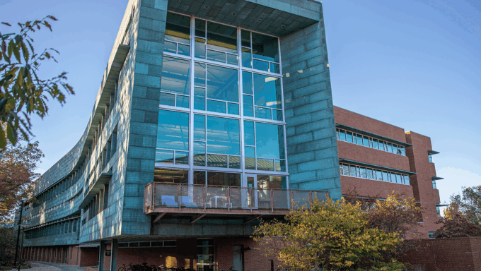 copper metal and glass exterior of Stuckeman Family building