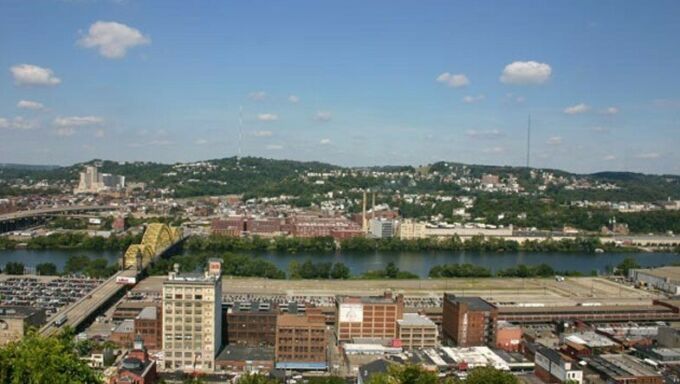 The appearance of the neighborhood urban forest cover of the Strip District and East Pittsburgh, PA, is pictured as seen from Bedford Hill looking toward the David McCullough Bridge