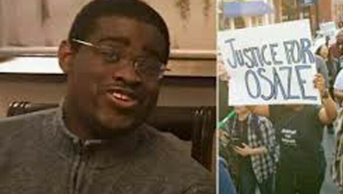 Photo image of Osaze Osagie and a banner with "Justice for Osaze."