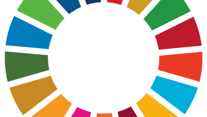 Wheel of rainbow-colored bars representing sustainability