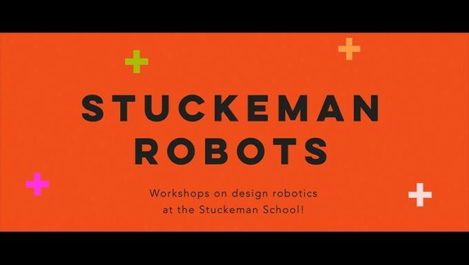 Orange background with Stuckeman Robots appearing in bold black text with the smaller text Workshops on design robots at the Stuckeman School under it.