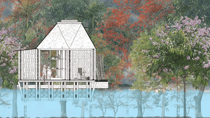 A rendering of the longitudinal section of an amphibious modular unit in Majuli, which Agrawal proposes in her thesis, shown during a flood.