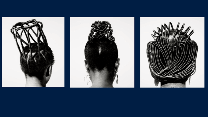 Three images of braided hairstyles.