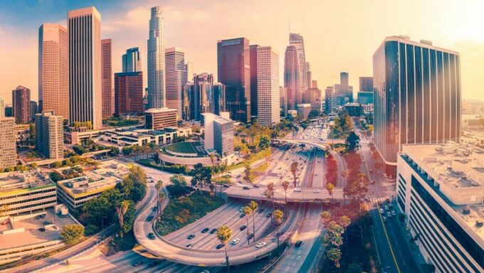 The skyline of Los Angeles lit from behind by the sun with the bypass system in the foreground.