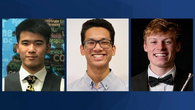 left to right collage of three college-aged men. From left, an Asian man with black hair smiling, an Asian man with black hair and black-framed glasses smiling and a white man with red hair smiling