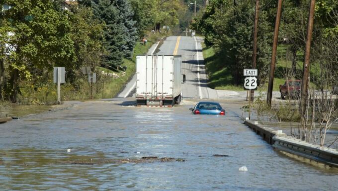 A flooded street.