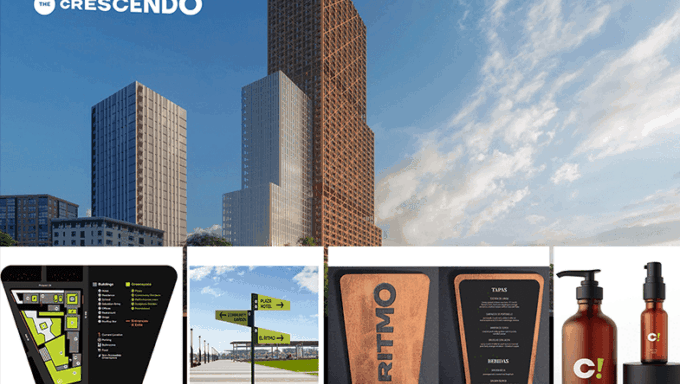 Crescendo-branded assets including a floorplan, wayfinding, a menu, and toiletries.