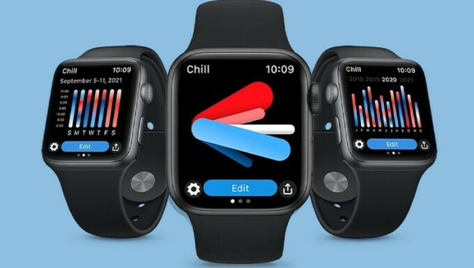 Three black smart watches that show a different screen in an app called Chill on a blue background.