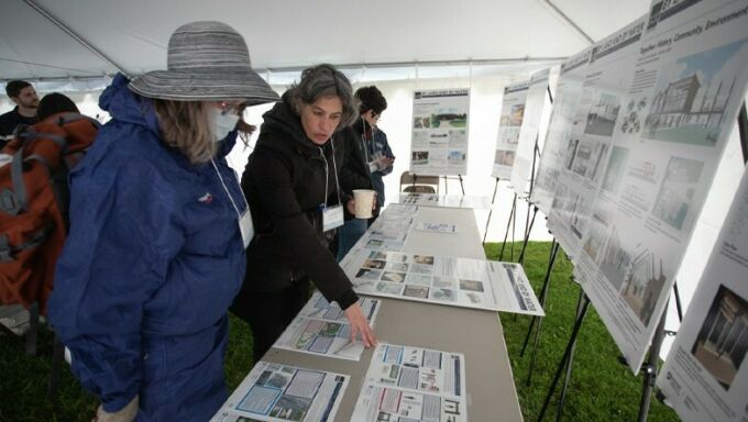 Lisa Iulo at center talks to residents of Selinsgrove, Pennsylvania.