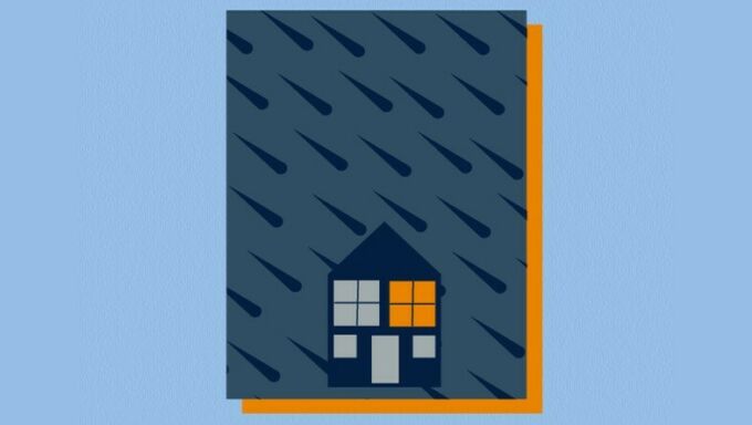 A graphic of a house in the rain at night with one window lit.