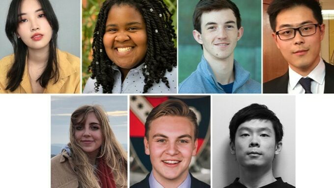 Headshots of landscape architecture ASLA award winners Chen Chen, Anjelyque Easley, Gavin Figurelli, Jiafeng Deng, Shengwei Tan, Oscar Wegbreit and Hannah Gomez clockwise.