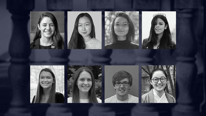 Top row: Madison Borsos, Zimeng Chen, Lara Garcia and Minh Anh Kieu. Bottom row: Grace McNeill, Lauren Taylor, Jake Tiernan, and Zheming Zhang.