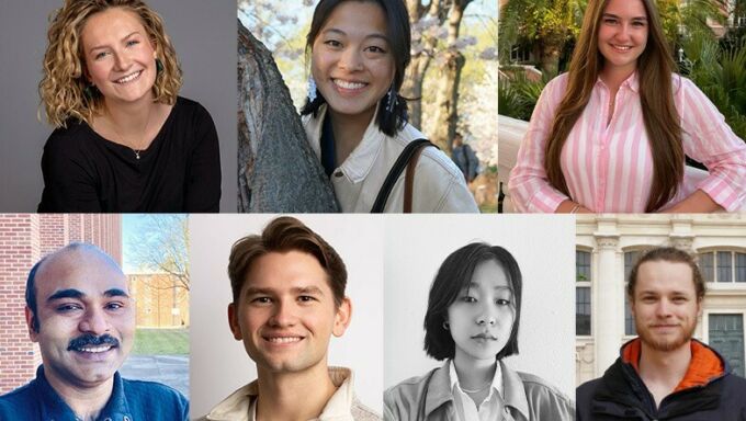 Clockwise from top left headshots of Olivia Krum, Anne Lai, Grace Stewart, David Wasson, Handou Chen, Christopher Coughlin and Somdeep Nandy.