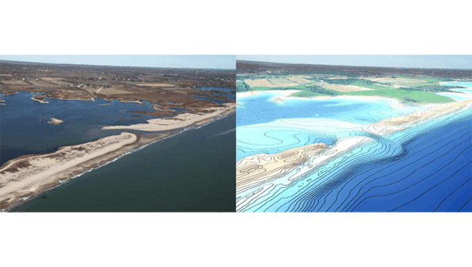 At left, a photo from showing an inlet that was formed during Superstorm Sandy on the Rhode Island coast. At right is a visualization of a model simulation of the same event.