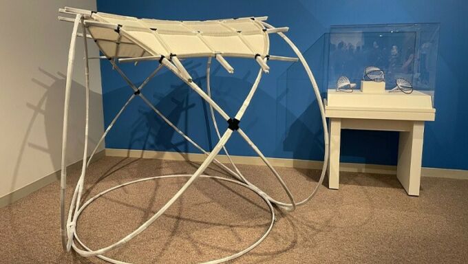 A prototype of an architectural gridshell structure made with fiberglass tent poles and industrial knit panels.