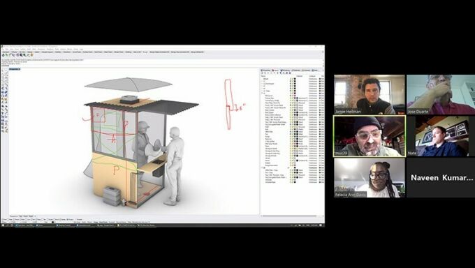 A split-screen image of the CAD rendering of the BOOTH at left and the researchers discussing the design via Zoom at right.