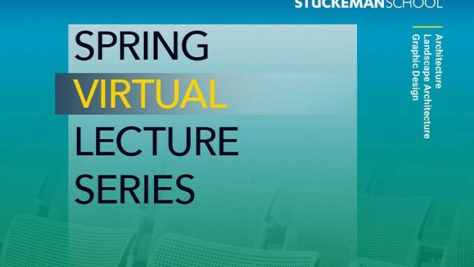 A blue and green screen across a row of empty audience seats with Spring Virtual Lecture Series text atop.