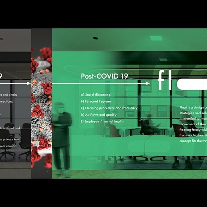 Image from the design plans of the Float project showing a post-COVID-19 collaborative workspace.