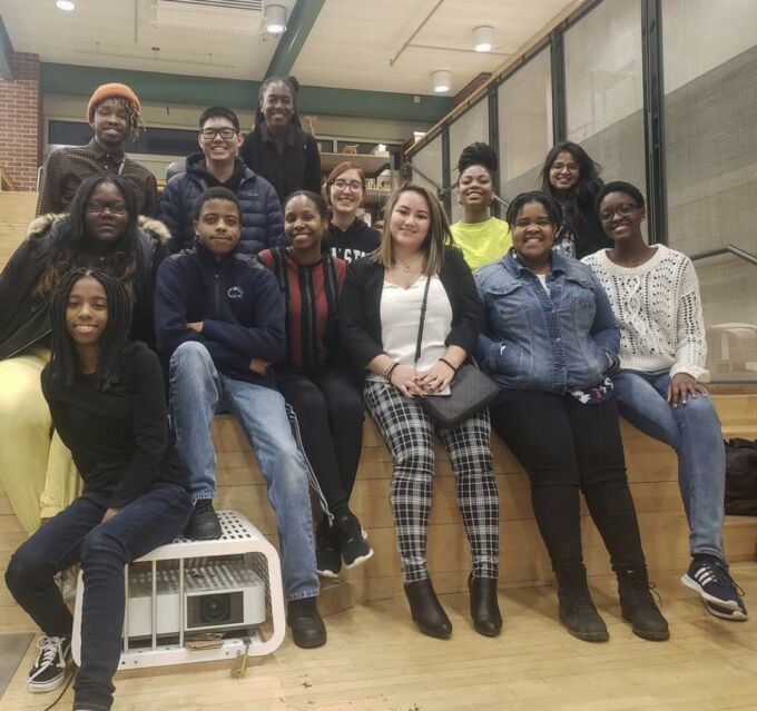 Students gathered on the mezzanine steps in Stuckeman Family Building, posing for a photo.