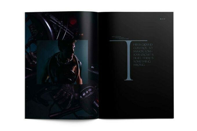 A magazine spread featuring a black background with a shirtless man with space gear around his neck at left and blue text reading Ground Control to Major Tom - Your Circuit's Dead There's Something Wrong" at right.