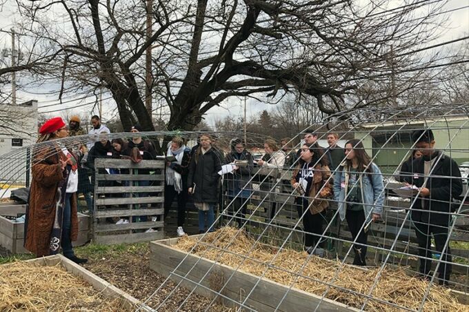 Vicki Ayanna Jones addresses the Penn State architecture students during their site visit of the Sankofa Village Community Garden in January 2020.