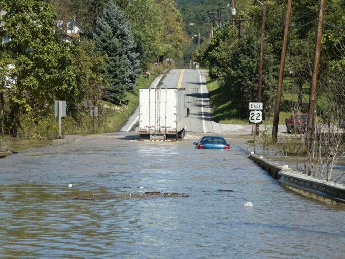 A flooded street.