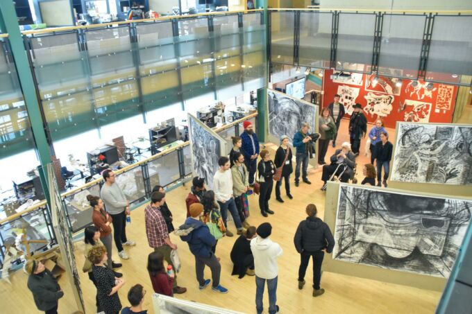 A look at the mezzanine level of the Stuckeman Family Building, which became a large exhibition featuring the work students completed during the Robert Reed Drawing Workshops at Penn State. Image: Penn State