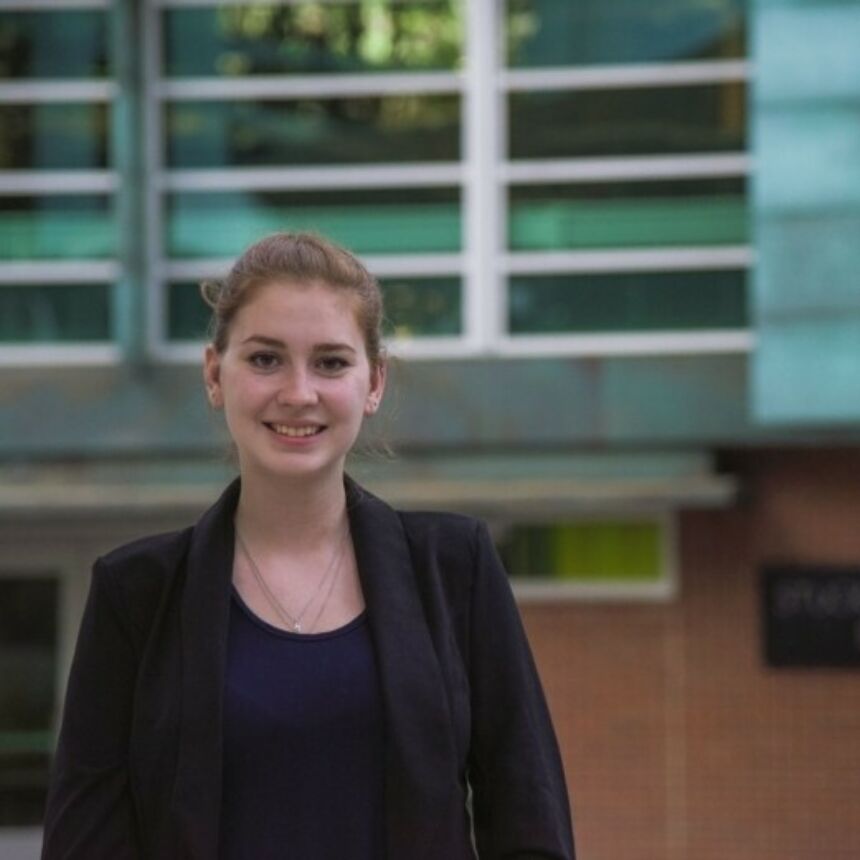 Holly Zimmerman in front of the Stuckeman Family Building