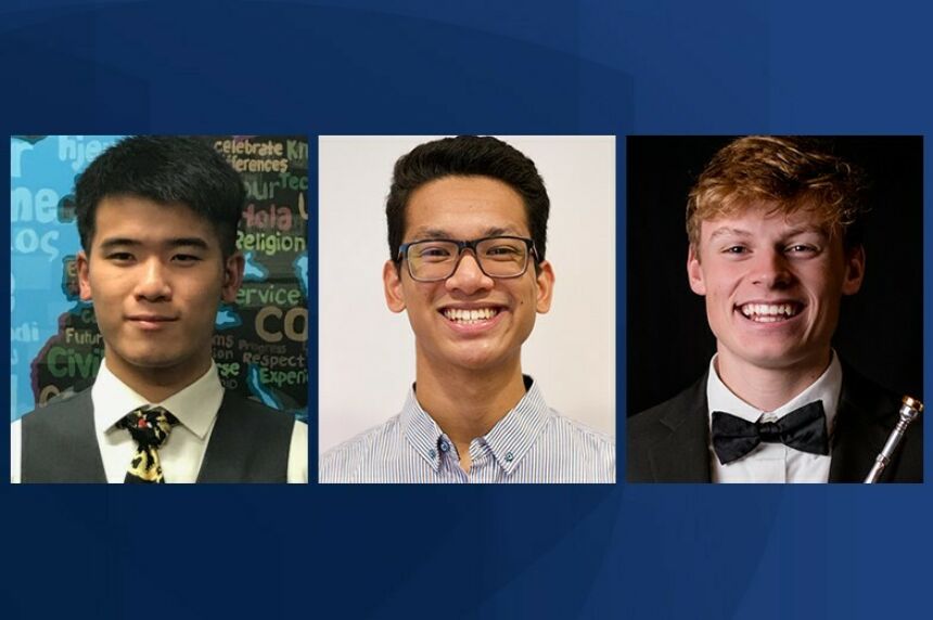 left to right collage of three college-aged men. From left, an Asian man with black hair smiling, an Asian man with black hair and black-framed glasses smiling and a white man with red hair smiling