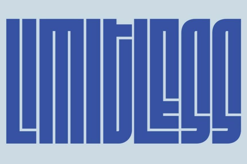 A wordmark for the Limitless exhibition featuring the word Limitless in dark blue print on a light blue background.