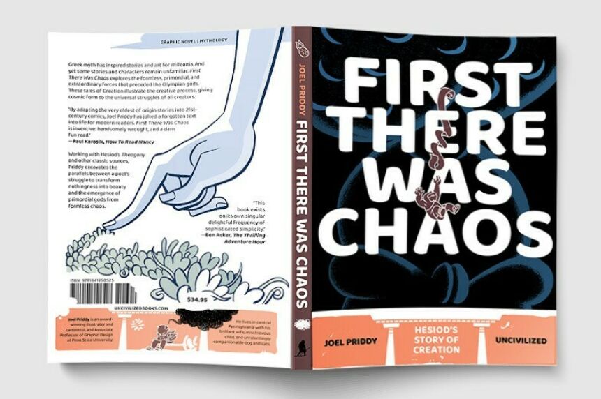 The front and back cover of the "First There Was Chaos" novel.