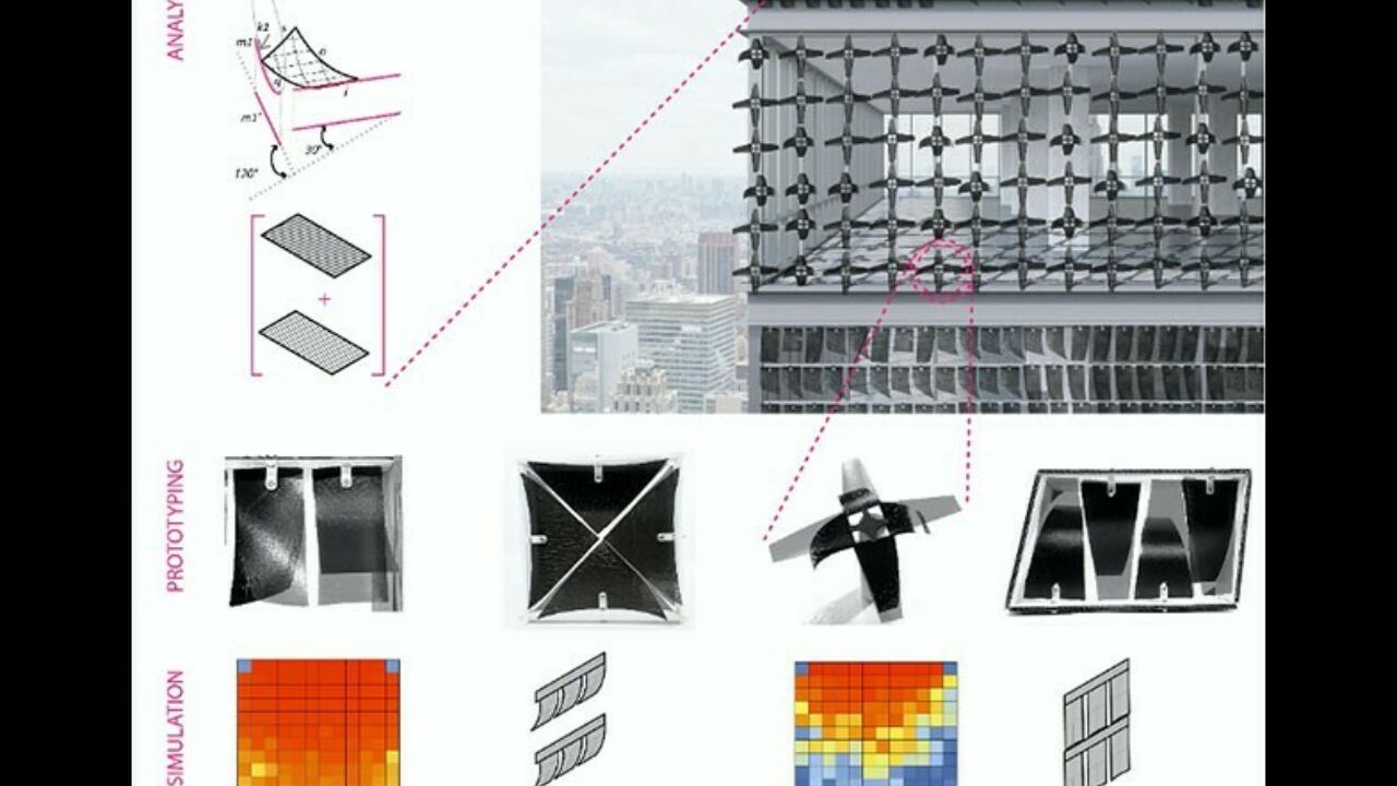 A diagram of the different components of a building with smart materials for its exterior.