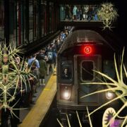 Three dimensional augmented reality spores as part of a virtual game experience within the 14th St./Union Square station of the New York City subway system.