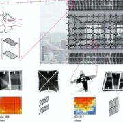 A diagram of the different components of a building with smart materials for its exterior.